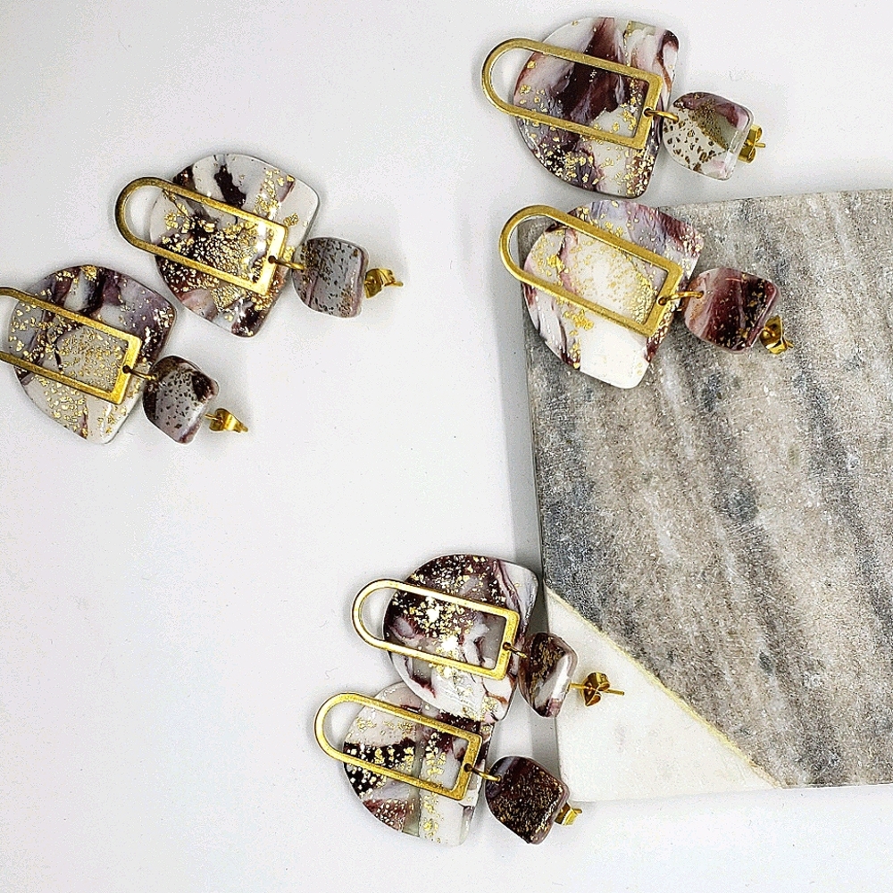 Burgundy, white and gold earrings